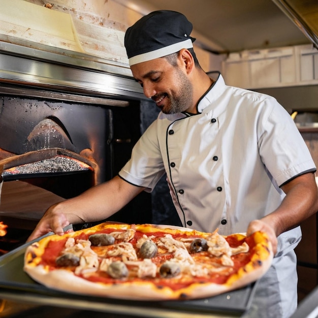 Foto chefe de cozinha terminando o prato na cozinha de um restaurante