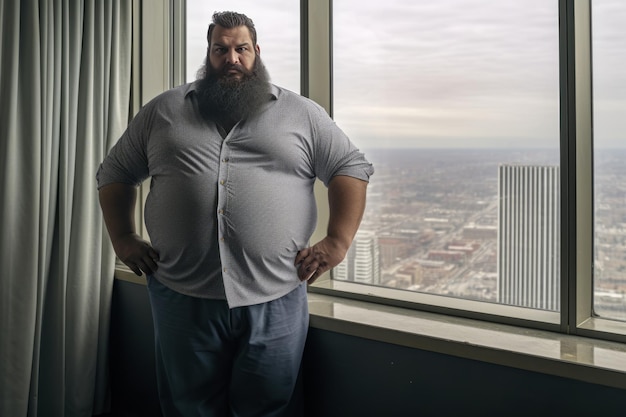 Foto chefe de negócios gordo a trabalhar num escritório alto.