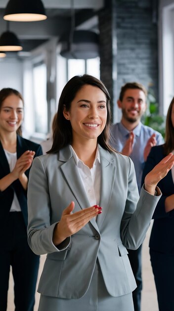 Foto chefe de negócios sênior promovendo agradecendo empregada enquanto a equipe aplaude