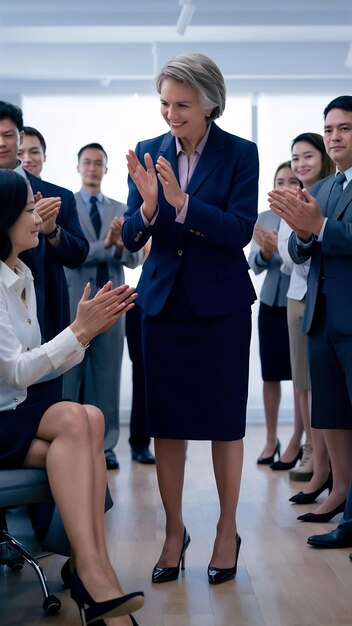 Foto chefe de negócios sênior promovendo agradecendo empregada enquanto a equipe aplaude