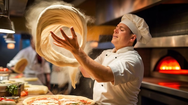 Chefe de pizza fazendo massa de pizza