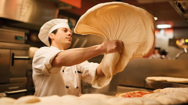 Chefe de pizza fazendo massa de pizza