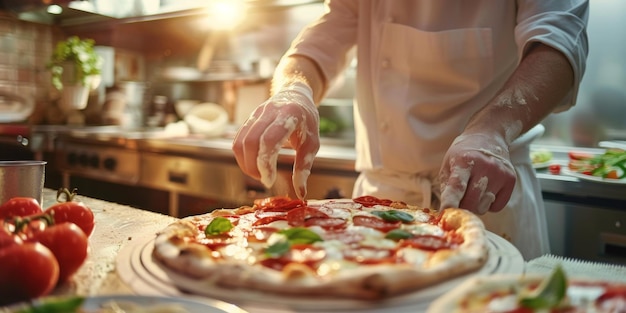 Chefe de pizza preparando pizza em close-up IA geradora