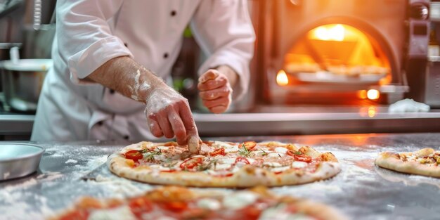 Chefe de pizza preparando pizza em close-up IA geradora