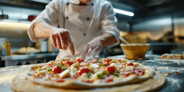 Chefe de pizza preparando pizza em close-up IA gerativa