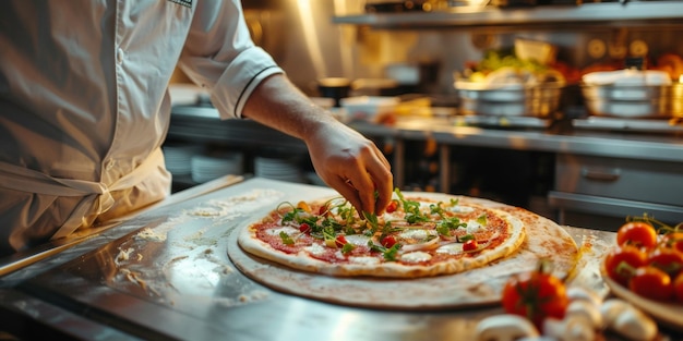 Chefe de pizza preparando pizza em close-up IA gerativa