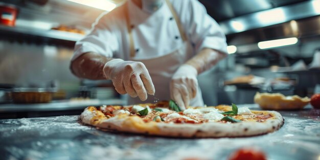 Chefe de pizza preparando pizza em close-up IA gerativa