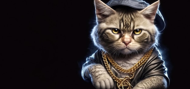 Chefe de rapper bem-sucedido com cabeça de gato no estilo gangsta com correntes de ouro Personagem de vida Thug