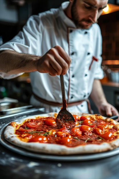 Chefe fazendo pizza em close-up IA generativa