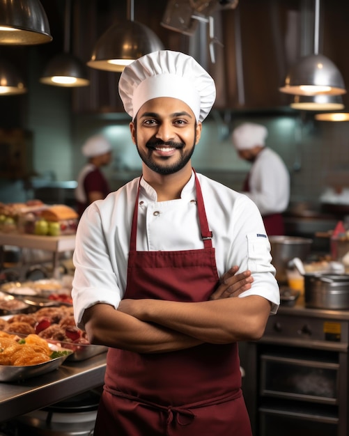 Foto chefe indiano feliz com os braços cruzados vestindo vestido branco e avental cinza no fundo da cozinha