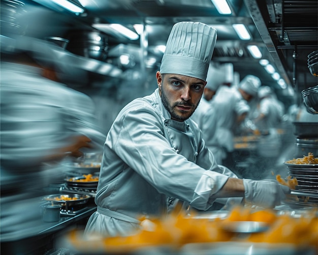 Chefe ocupado na cozinha de um restaurante com movimento desfocado de cozinha