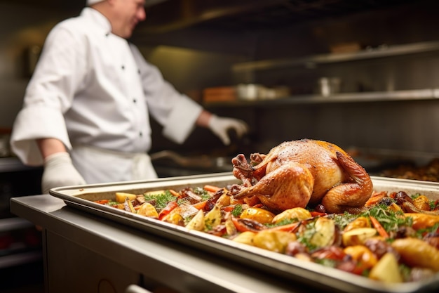 Foto chefe olhando para a coxa de frango em uma panela de assar