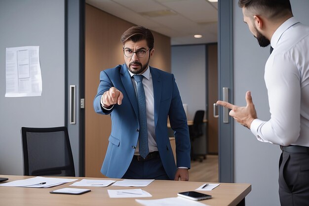 Foto chefe zangado aponta para a porta diretor repreendido punido demitido pressão do empregado no escritório no local de trabalho problemas de desemprego