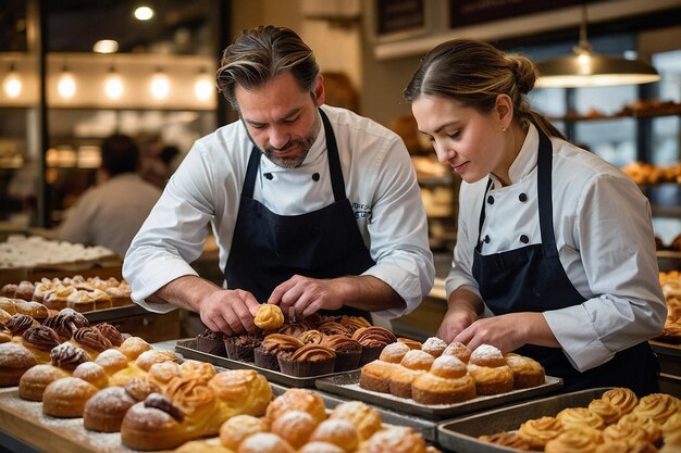 Foto chefes de confeitaria vendendo doces delicados em um mercado em viena