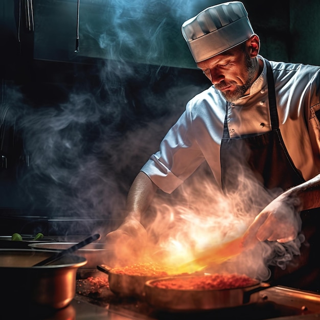 Foto chefkoch bereitet ein gourmetgericht vor