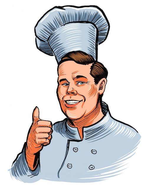 Foto chefkoch-charakter mit daumen handgezeichnet mit tinte auf papier und von hand auf tablette gefärbt