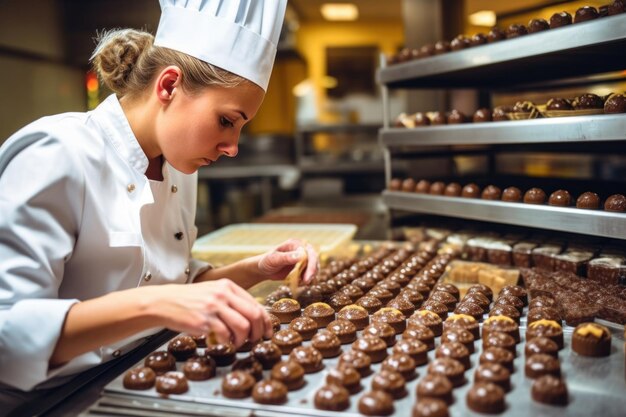 Chefkoch-Chocolatierin, die im handwerklichen, professionellen Schokoladenlabor AI Generative arbeitet