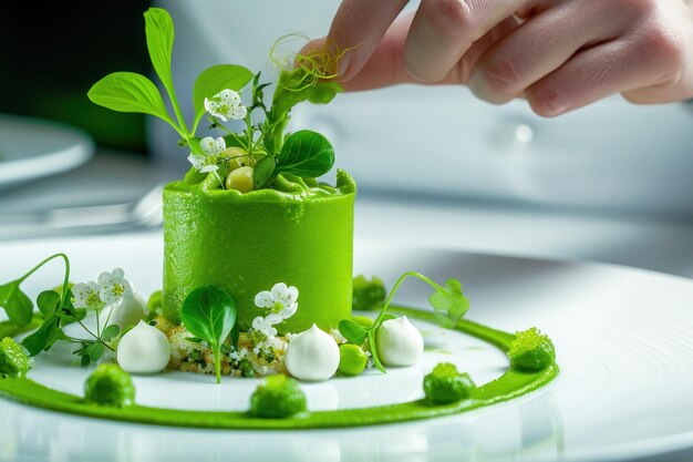 Chefkoch, der ein veganes Gericht der Haute Cuisine mit frischen Zutaten zubereitet