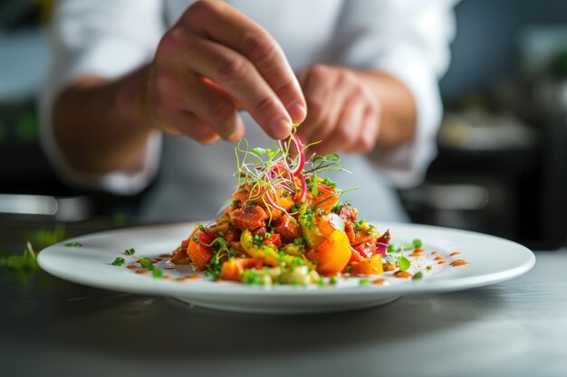 Chefkoch, der ein veganes Gericht der Haute Cuisine mit frischen Zutaten zubereitet