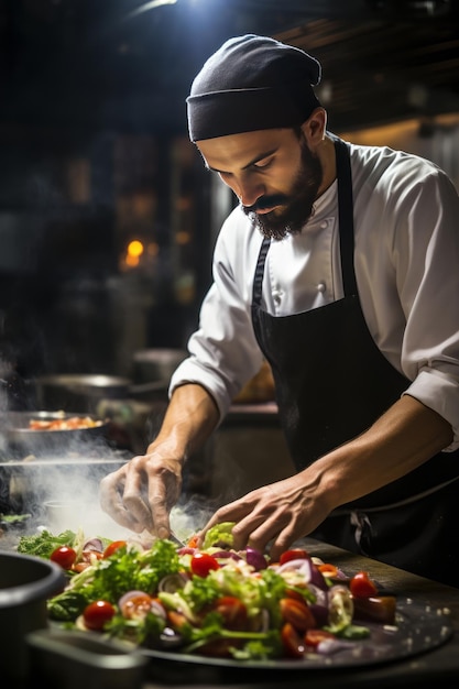 Chefkoch in Aktion bei der Zubereitung einer köstlichen Mahlzeit. Generative KI