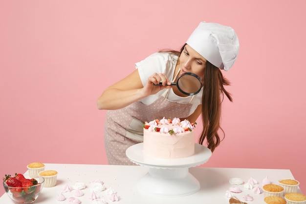 Chefkoch, Konditor oder Bäcker in weißem T-Shirt, Haubenkochmütze, die Kuchen oder Cupcake am Tisch kocht, hält Lupe isoliert auf rosafarbenem Pastellhintergrund im Studio. Mock-up Copy Space Food-Konzept.