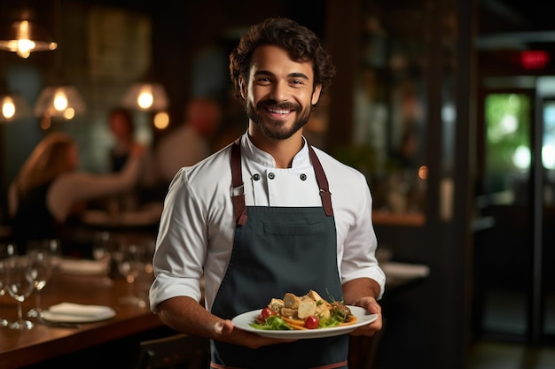 Chefkoch serviert dem Restaurantkunden ein Gericht mit generativer KI