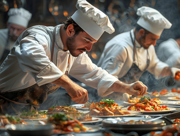 chefs em uma cozinha preparando comida