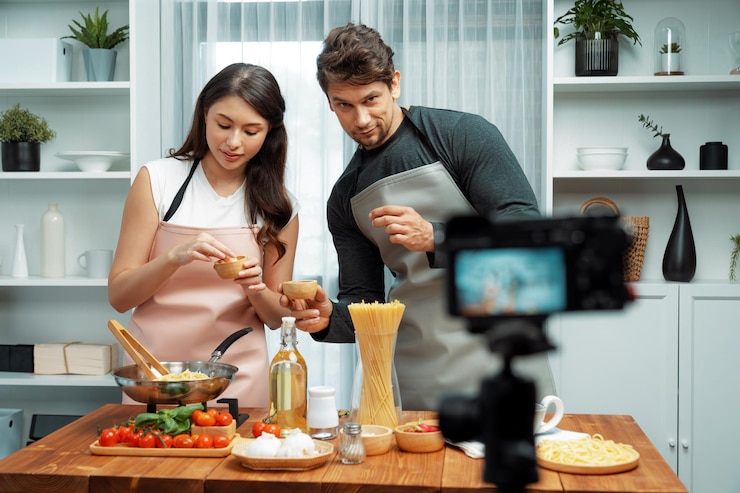 Foto los chefs influyentes cocinan espagueti especial con pinzas para postular la sartén frita