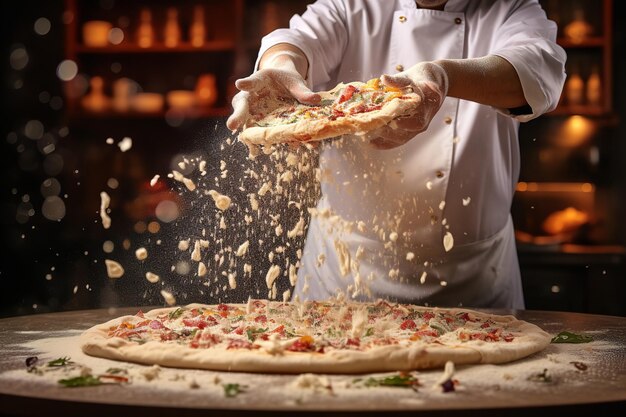 Chefs manos lanzando masa de pizza en el aire y