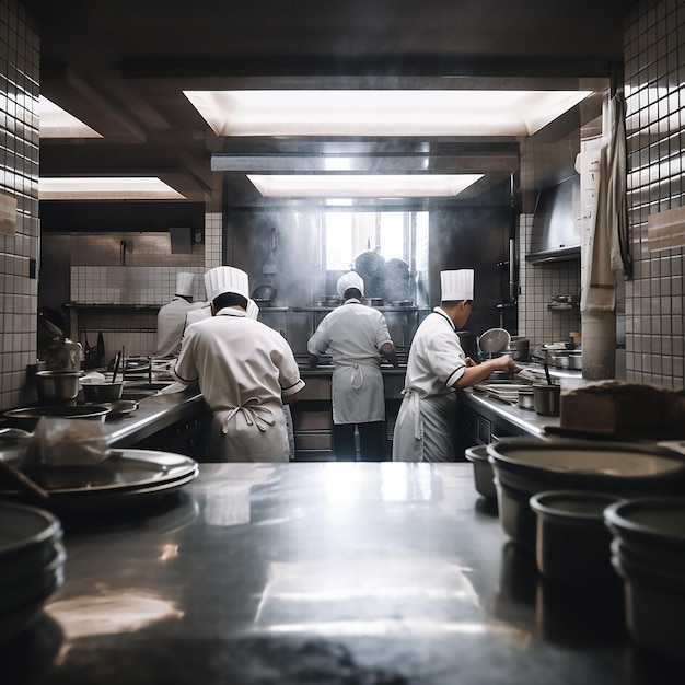 Foto chefs preparam comida na grande cozinha de um restaurante moderno