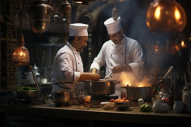 Chefs preparando platos étnicos.