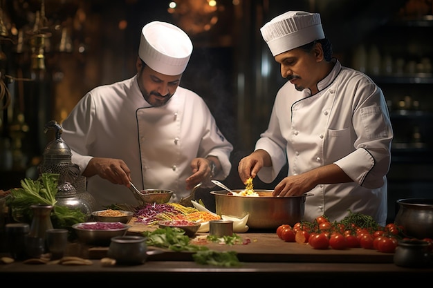 Chefs preparando platos étnicos.