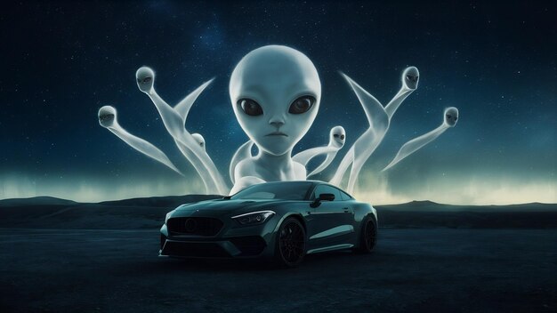 Foto chegada de alienígenas conceito com carro