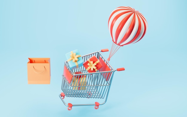 Cheio de presentes e presentes na renderização 3d do carrinho de compras