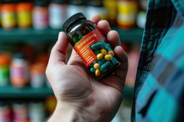 Foto cheio de vitaminas, pílulas caras e úteis, na mão de quem leva a garrafa.