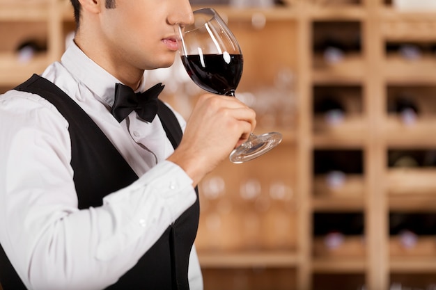 Cheirando um bom vinho. Imagem recortada de jovem sommelier confiante em frente à prateleira com garrafas de vinho e de braços cruzados