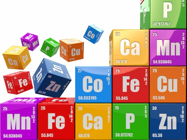 Chemie-Konzept. Wand aus Würfeln mit Periodensystem des Elements. 3d