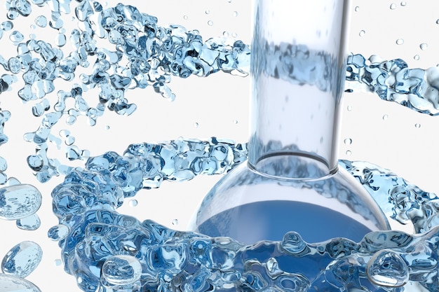 Foto chemische ausrüstungsflasche und spritzende flüssigkeit 3d-rendering