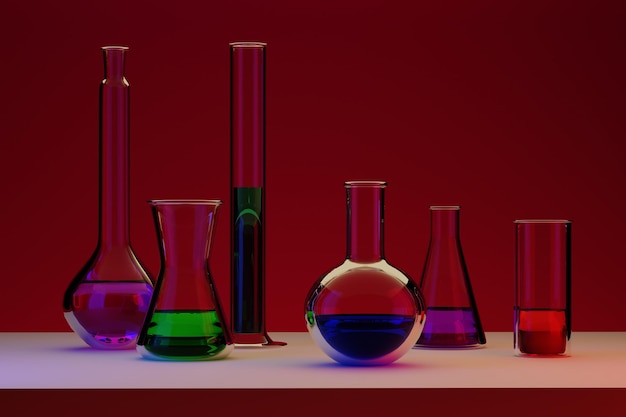 Chemische Behälter mit Flüssigkeiten in verschiedenen Farben Chemische Experimente Labor Bakteriologie 3D-Rendering