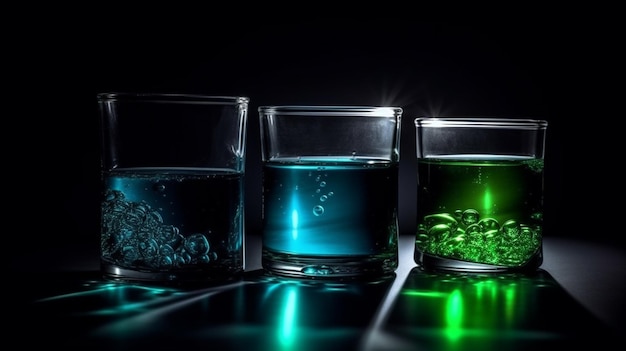 Chemische Laborglaswaren mit blauer und grüner Flüssigkeit auf schwarzem Hintergrund. Generative KI
