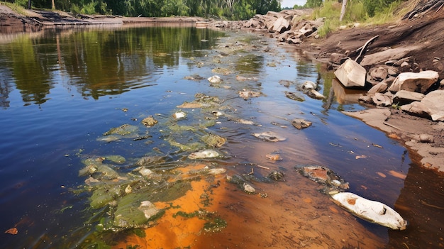 Chemische Verschmutzung, die das aquatische Leben im Fluss beeinträchtigt