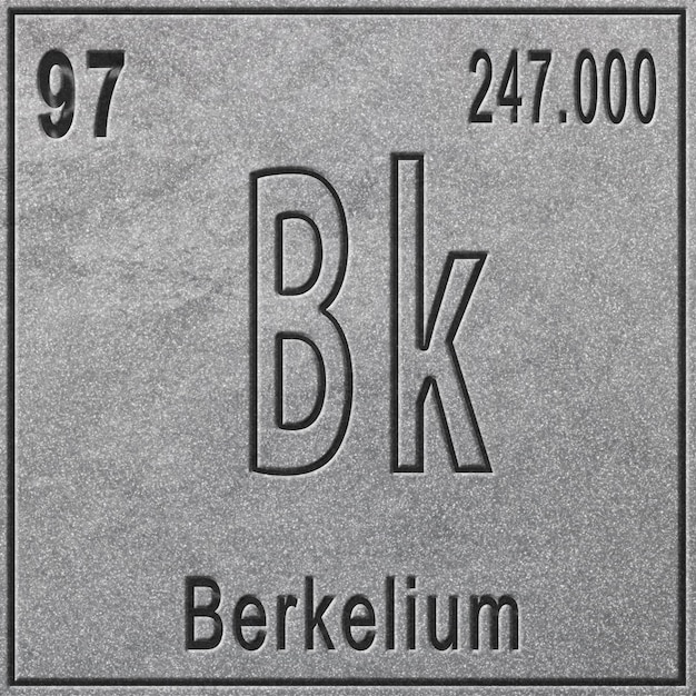 Chemisches Element Berkelium, Zeichen mit Ordnungszahl und Atomgewicht, Element des Periodensystems, silberner Hintergrund