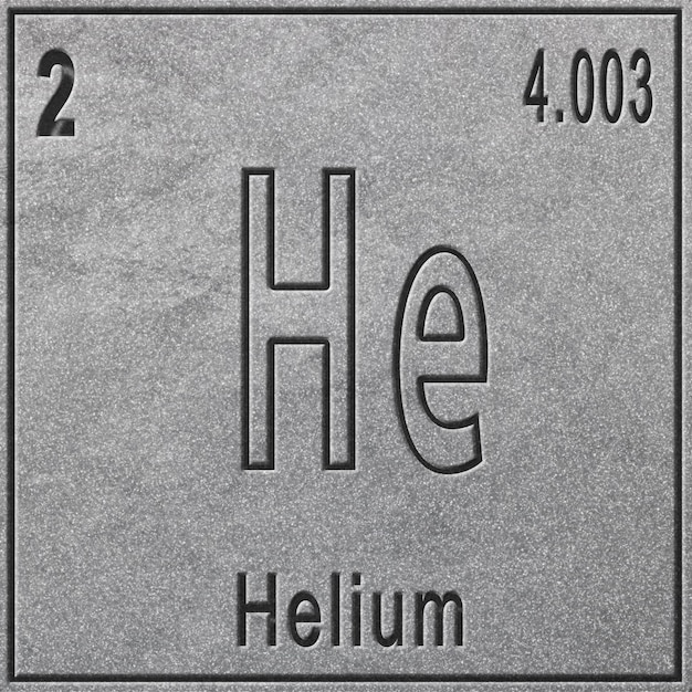 Chemisches Element Helium, Zeichen mit Ordnungszahl und Atomgewicht, Element des Periodensystems, silberner Hintergrund