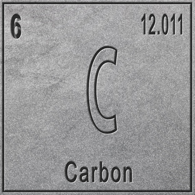 Chemisches Element Kohlenstoff, Zeichen mit Ordnungszahl und Atomgewicht, Element des Periodensystems, silberner Hintergrund