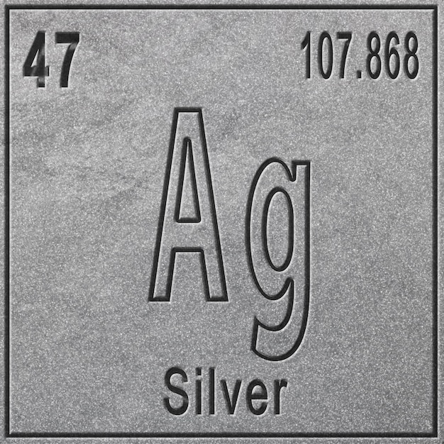 Chemisches Element Silber, Zeichen mit Ordnungszahl und Atomgewicht, Element des Periodensystems, silberner Hintergrund