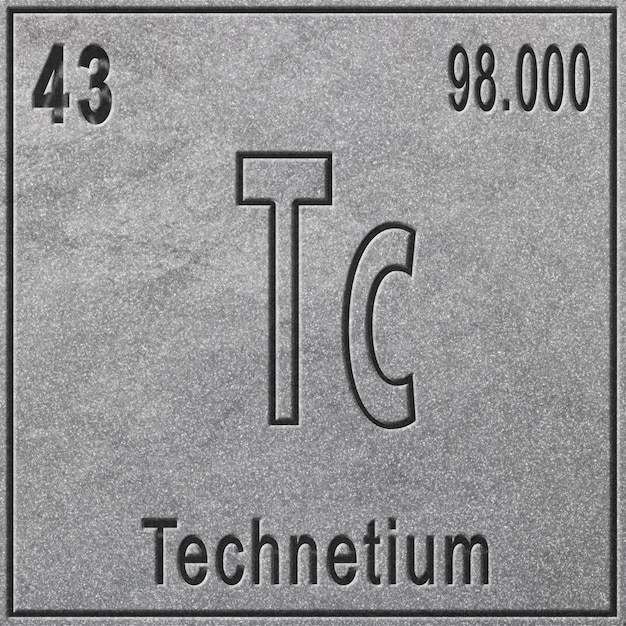 Chemisches Element Technetium, Zeichen mit Ordnungszahl und Atomgewicht, Element des Periodensystems, silberner Hintergrund