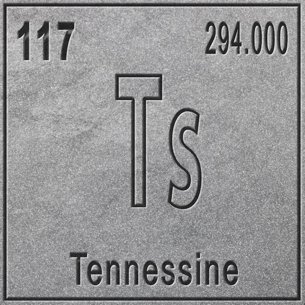 Chemisches Element Tennessine, Zeichen mit Ordnungszahl und Atomgewicht, Element des Periodensystems, silberner Hintergrund