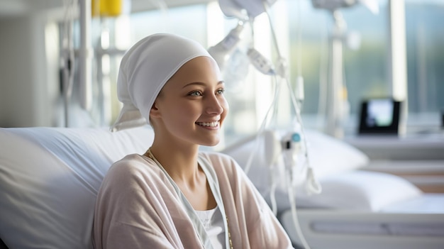 Foto chemo-patientenporträt eines glücklichen krebspatienten krebspatienten im bett generierte ki