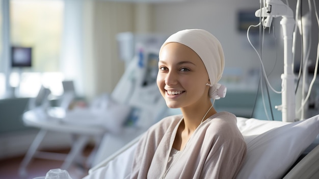 Chemo-Patientenporträt eines glücklichen Krebspatienten Krebspatienten im Bett Generierte KI