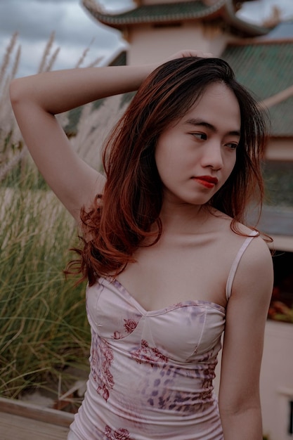 Cheongsam conjunto Cheongsam vestido de seda asiático modelo modelo femenino belleza china etnia china como